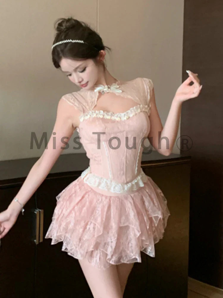 lovwvol Korean Fashion Princess Vintage Set Women Lace Elegant Sweet 2 Piece Set Female Y2k Bow Sexy Casual Chic Mini Skirt Suit Summer