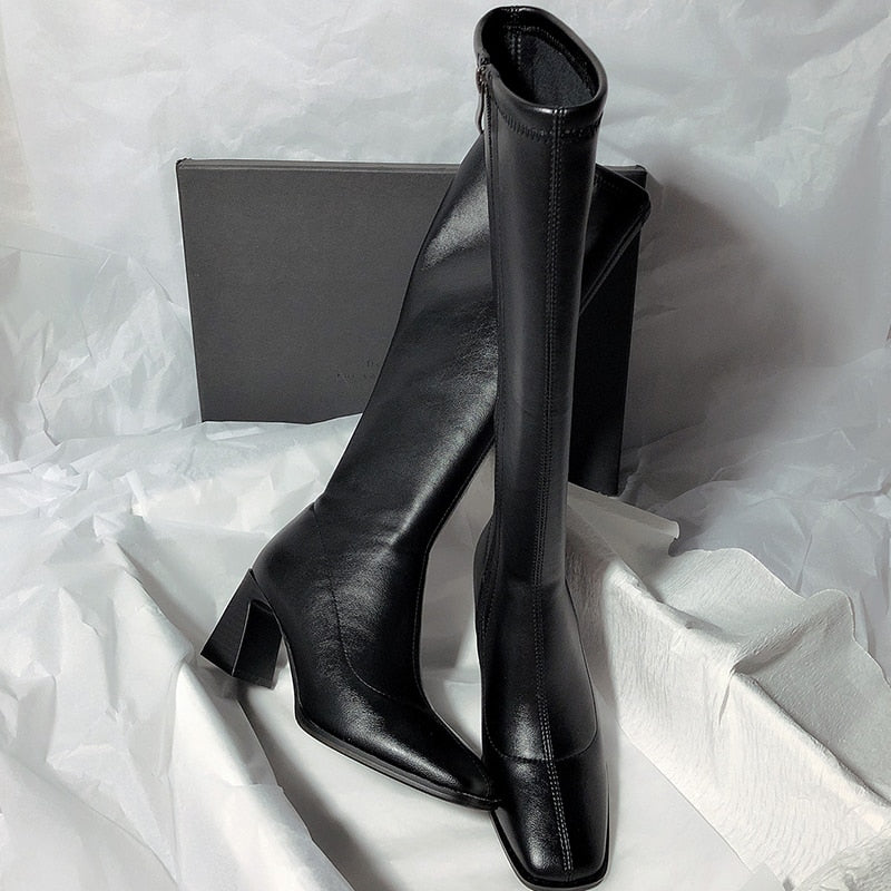 Patent Leather High Heels Long Boots Women Autumn Square Toe Knee-high Botas Woman Side Zipper Thick Heeled Shoes Female