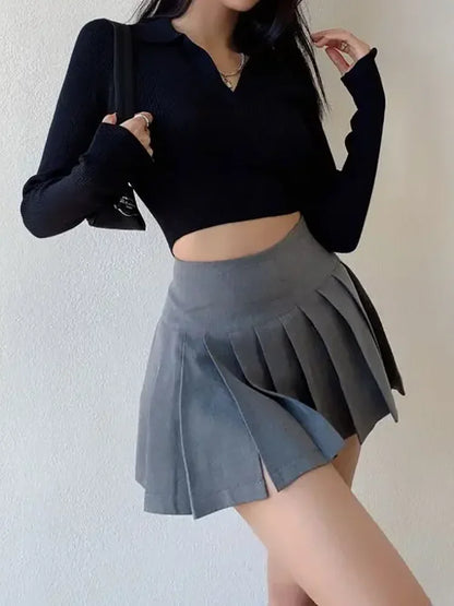 lovwvol Grey Pleated Mini Skirt Women Sexy Split Korean Style High Waist A-line Slim Micro Skirt Shorts Gyaru Summer Streetwear