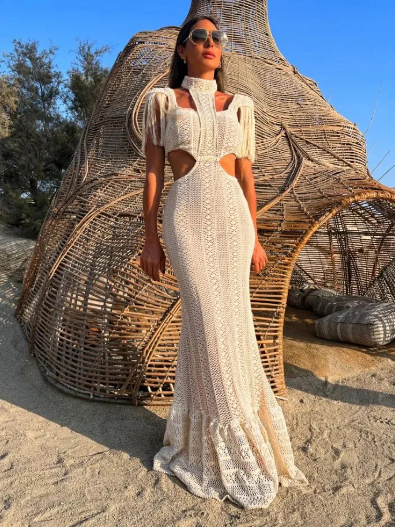 lovwvol Sexy White Lace Women Dress Turtleneck Tassel Sleeve Slim Naked Waist Hollow Out Long Dress Summer Beach Female Knit Robe