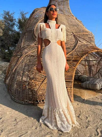 lovwvol Sexy White Lace Women Dress Turtleneck Tassel Sleeve Slim Naked Waist Hollow Out Long Dress Summer Beach Female Knit Robe