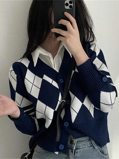 lovwvol Japanese School Uniform Ladies Sweaters Cute Top Argyle Cropped Cardigan V Neck Preppy Style Knit Sweater Pull Femme