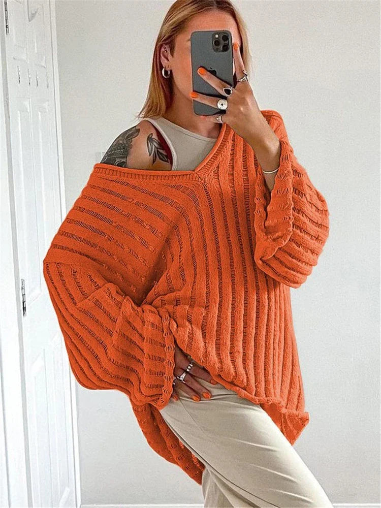 V-Neck Oversized Women's Sweater Long Sleeve Hollow Out Striped Knit Tops Winter Trend Casual Loose Pullover Sweaters