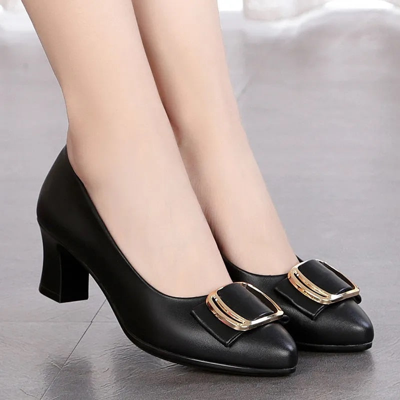 Zapatos Zama Women Cute Black Pu Leather High Quality Square Heel Shoes Lady Beige Office Spring & Autumn Cute Shoes