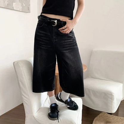 lovwvol Y2k Baggy Vintage Jorts Women High Waist American Streetwear Wide Leg Knee Length Jeans Casual Loose Summer Denim Shorts