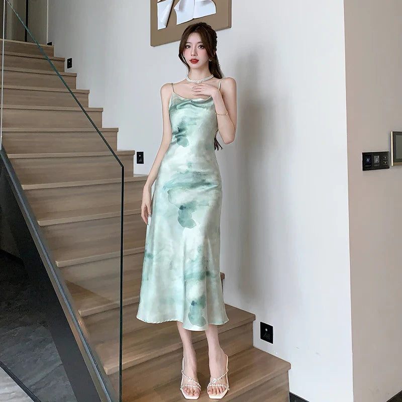 lovwvol Vintage Print Satin Midi Dresses Female  Summer French Elegant Chic Swinging Collar Slim Camisole Green Clothes for Women