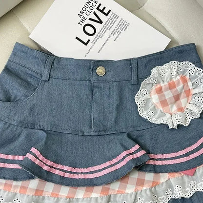 Kawaii Denim Skirt Women Japanese 2000s Style Y2k High Waist Bow Patchwork Cute Mini Jean Skirt Autumn Lolita Girl