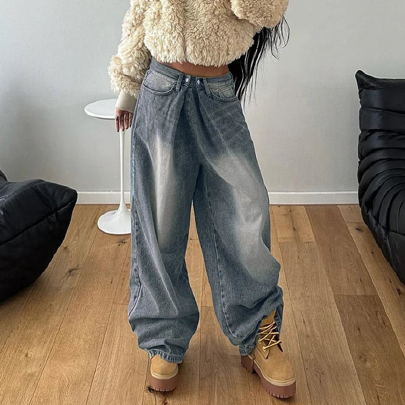 lovwvol Vintage Y2K Chic Women Jeans Basic Pleated Distressed Harajuku Straight Leg Denim Trousers Bottom Korean Pants Outfit