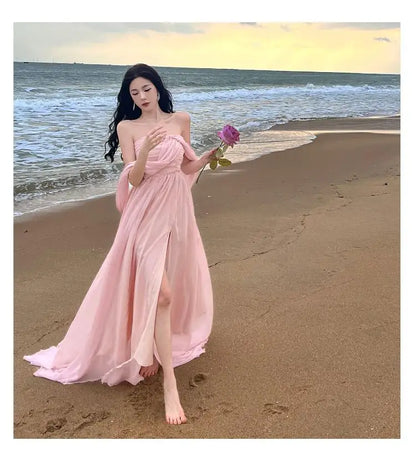 lovwvol Summer Pink Elegant Pleated High Waist Split Long Dress Women Fashion Backless Halter Strapless Fairy Dress Female 2024 Vestido