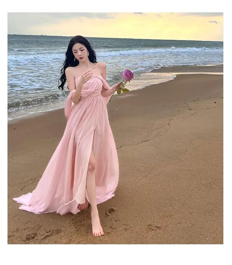 lovwvol Summer Pink Elegant Pleated High Waist Split Long Dress Women Fashion Backless Halter Strapless Fairy Dress Female 2024 Vestido