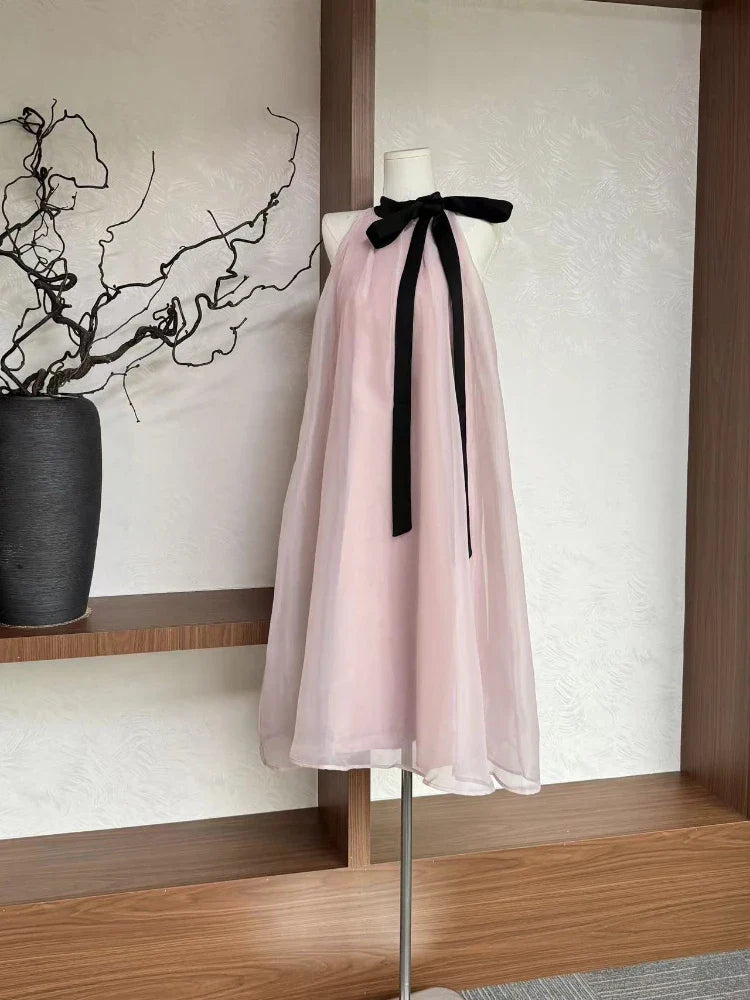 lovwvol French Pink Sleeveless Bow Neck Sleeveless Strap Dress for Women Even Party Korean Y2k Mini Dress Office Lady Summer Elegant