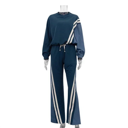 lovwvol  -  New Autumn Winter Casual Blue Patchwork Sets Women 2 Pieces O-Neck Long Sleeve Blouse Drawstring Straight Sweatpants Suit