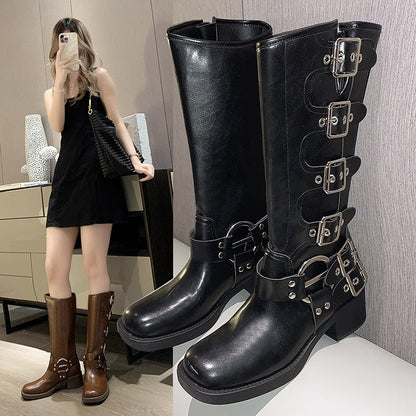 Woman Boots Knee High Platfrom Studded Spring Summer Knight Combat Gothic Elegant Medium Heel Women's Shoes Motorcycle Footwear