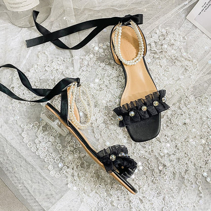 lovwvol New low-heeled women's sandals for summer 2023 Black square toe pearl casual shoes designed by fashion brand