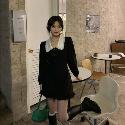 lovwvol   Vintage Black Mini Dress Women Lacy Ruffles Peter Pan Collar A Line Dresses Korean Sweet Y2K Long Sleeve Slim Vestidos