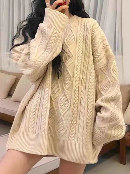 lovwvol Women Chunky Cable Knit Sweater Pink Ivory Crew Neck Oversized Jumper Pullovers Autumn Winter Outfit