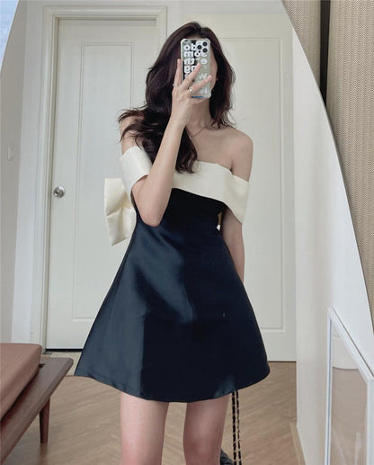 Elegant Lady New Summer Evening Party Dress Chic Slash Neck Back Bow A Line Little Black Dress Sexy Off Shoulder Slim Mini Dress