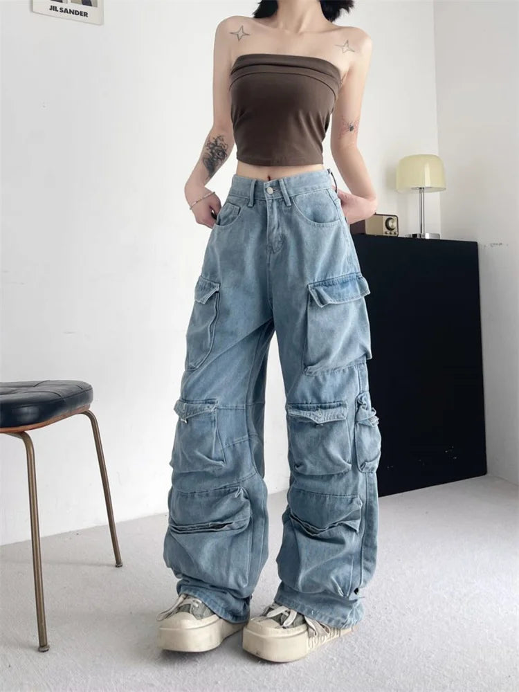 lovwvol Women's Multi Pocket Street Loose Unisex Jeans American Summer Trousers Young Girl Street Bottoms Female Denim Pants