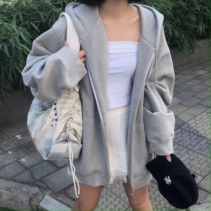 lovwvol Women Hoodies Harajuku Korean Version Zip Up Loose Oversized Sweatshirts Casual Solid Color Long Sleeve Hooded Sweatshirt Coats