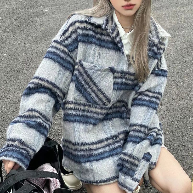 Autumn And Winter Fluffy Plaid Oversized Shirt Vintage Casual Long-Sleeved Lapel Chic Blouse Woman Street Harajuku Tops Button