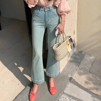 lovwvol Women's Wide Edged Micro Flared Jeans Young Girl ankle-length Denim Trousers Vintage Bottoms Female High Waisted Cropped Pants