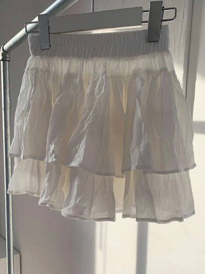 lovwvol White Skirt Chic French Cake Layered Cute Hemline High Waist Elastic Double Pleated Waist Slimming Mini Skirt Korean Style Y2k