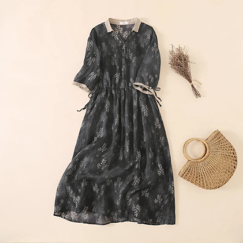 lovwvol Limiguyue Black Printed Dress Summer Thin V-Neck Drawstring Women Maxi Long Dress Vintage Bohemian Pleated Vestidos Lapel  J457