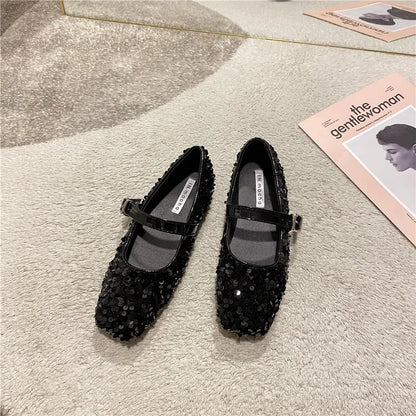 Casual Woman Shoe Soft Female Footwear Shallow Mouth Modis Autumn Elegant Square Toe Oxfords Glitter Dress  Fall Summer Leat