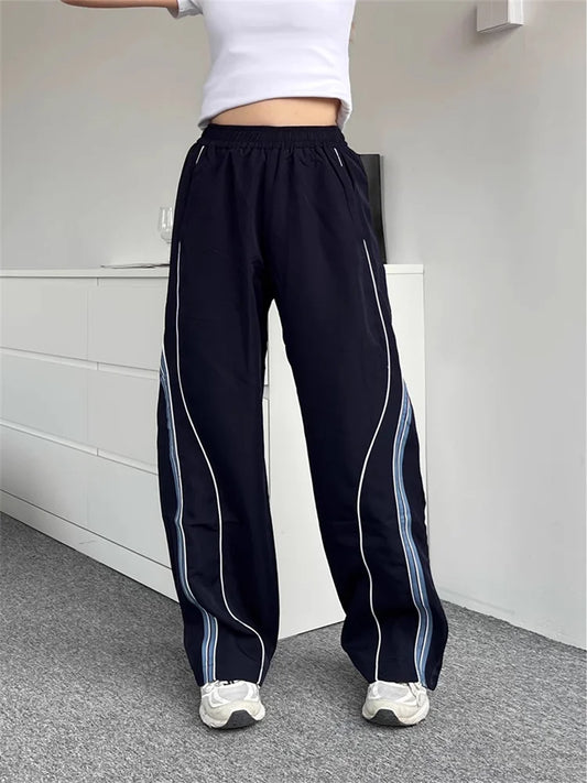 lovwvol Y2K Vintage Navy Blue Track Pants Women Streetwear Wide Leg Sweatpants Oversized American Retro Striped Sports Trousers