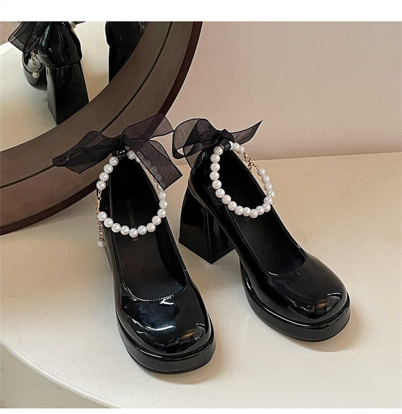 New Mary Jane Women Pumps Lolita Round Toe Shoes Ladies Thick High Heels Shoes Female Spring Fashion Genuine Leather Shoes Woman