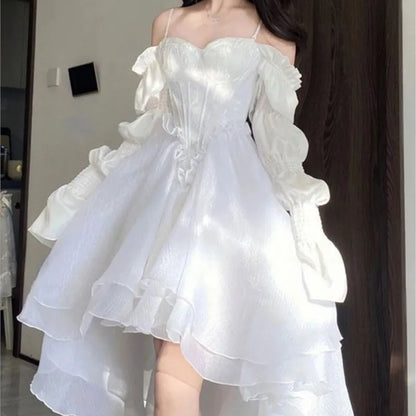 Spring Elegant White Off Shoulder Fairy Dress Chic Princess Puff Dress Mesh Puff Dress Wedding Party Porm Dress