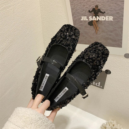 Casual Woman Shoe Soft Female Footwear Shallow Mouth Modis Autumn Elegant Square Toe Oxfords Glitter Dress  Fall Summer Leat