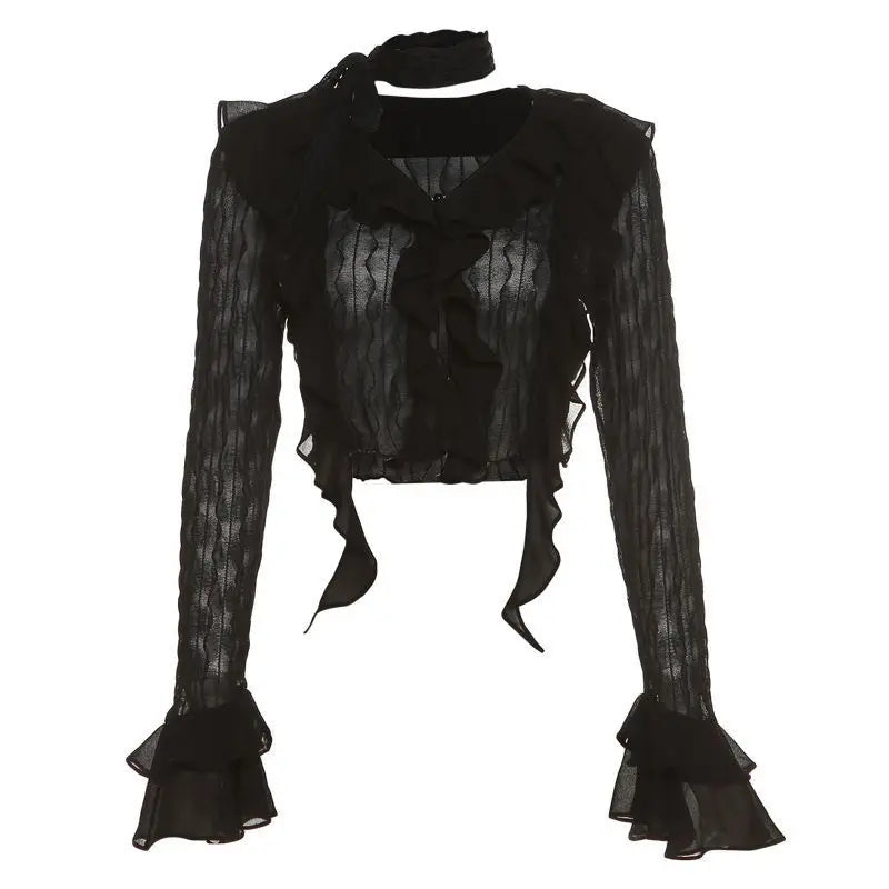 lovwvol Sexy Gothic Women Lace Blouses Grunge Y2k Crop Top Female Shirts Elegant Black Transparent Cardigan Korean Streetwear