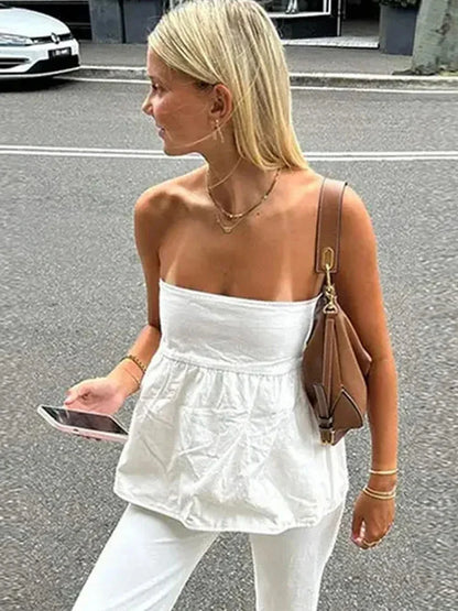 lovwvol Sexy Solid Ruffled Hem Women Strapless Tops Patchwork Sleeveless Off Shoulder Female Vest 2024 Spring Summer Fashion Lady Top