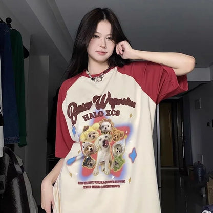 lovwvol Star Dog Printed Contrast Color Short Sleeve Tee Shirt Harajuku Streetwear Casual Oversized Tshirt 2024 Summer All-match Y2k Top