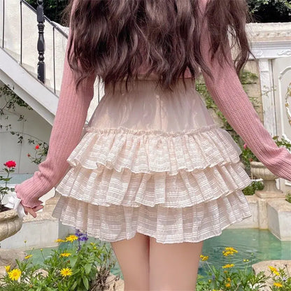 Kawaii Ruffle Skirt Women Coquette Cute Lolita High Waist A-line Bow Lace Fairycore Mesh Mini Skirt Summer Mori Girl