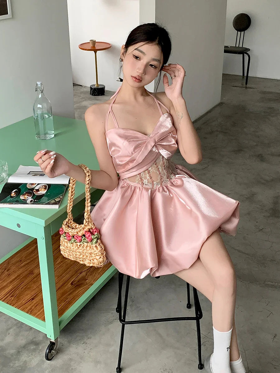 lovwvol Metallic Pink Satin Bud Mini Dress Women Bandage Halter See Through Lace Spliced Puffy Princess Dress Prom Party Gown