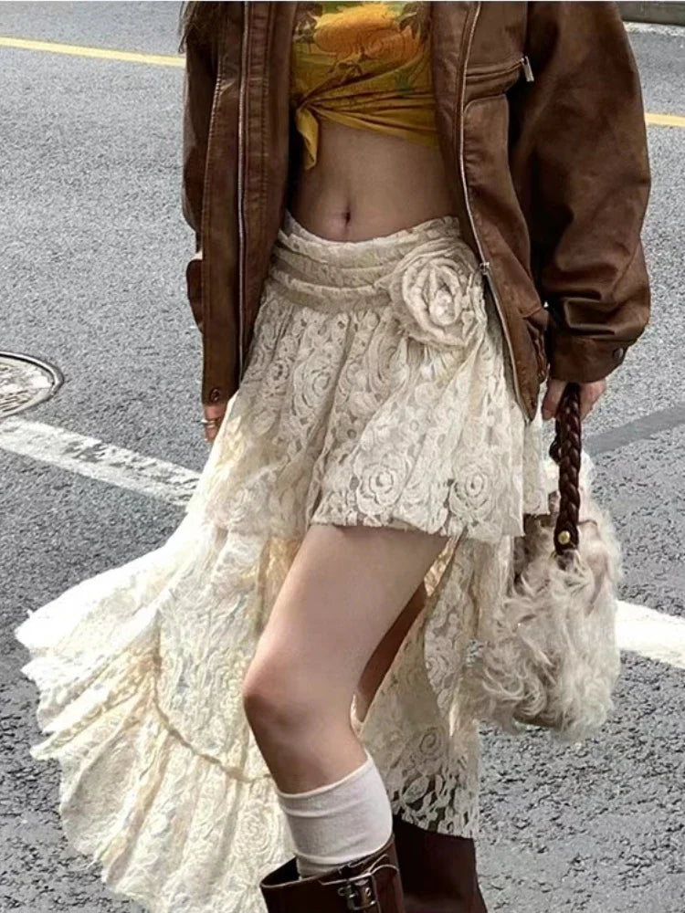 lovwvol Women's White A-line Lace Rose Skirt Vintage Aesthetic Y2k Mini Skirt Harajuku Korean Streetwear Skirt 2000s Clothes Summer 2024