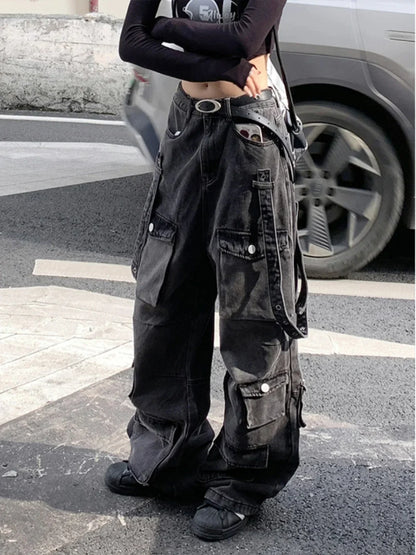 lovwvol  -  American Retro High Waist Full Length Jeans Pockets Hip-hop Baggy Cargo Pants Women Casual Y2K Grunge Street Print Denim Trouser