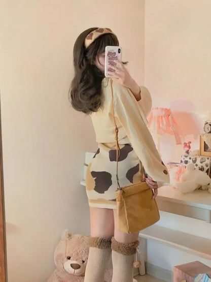 2 Pieces Set Women Crop Knit Cardigan + Sleeveless Print Bow Mini Dress Harajuku Robe Korean Fashion Y2k Outfits