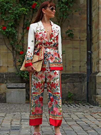 lovwvol  -  Retro Flower Printed Blazer Suits For Women Spring OL Casual Long Sleeve Jacket Wide-Leg Pants Female Trendy 2 Piece Sets Outfit