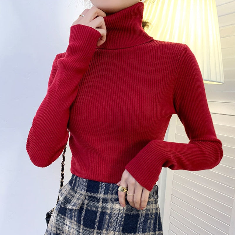 lovwvol Harajuku Pullover Turtleneck Sweater Women Fall Soft Knit Sweater Slim Elastic Korean Simple Basic Cheap Jumper Solid Tops