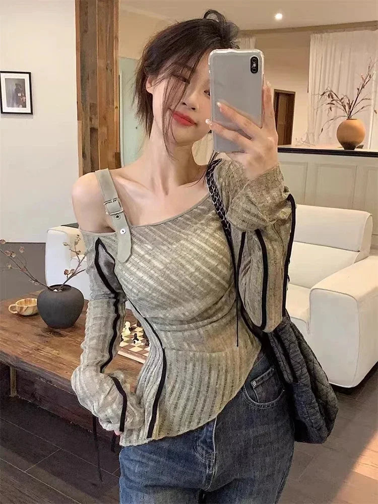 lovwvol Korean Fashion Off Shoulder T-shirts Women Casual Slim Hollow Out Knitted Tops Y2k Patchwork Tees Female Clothing