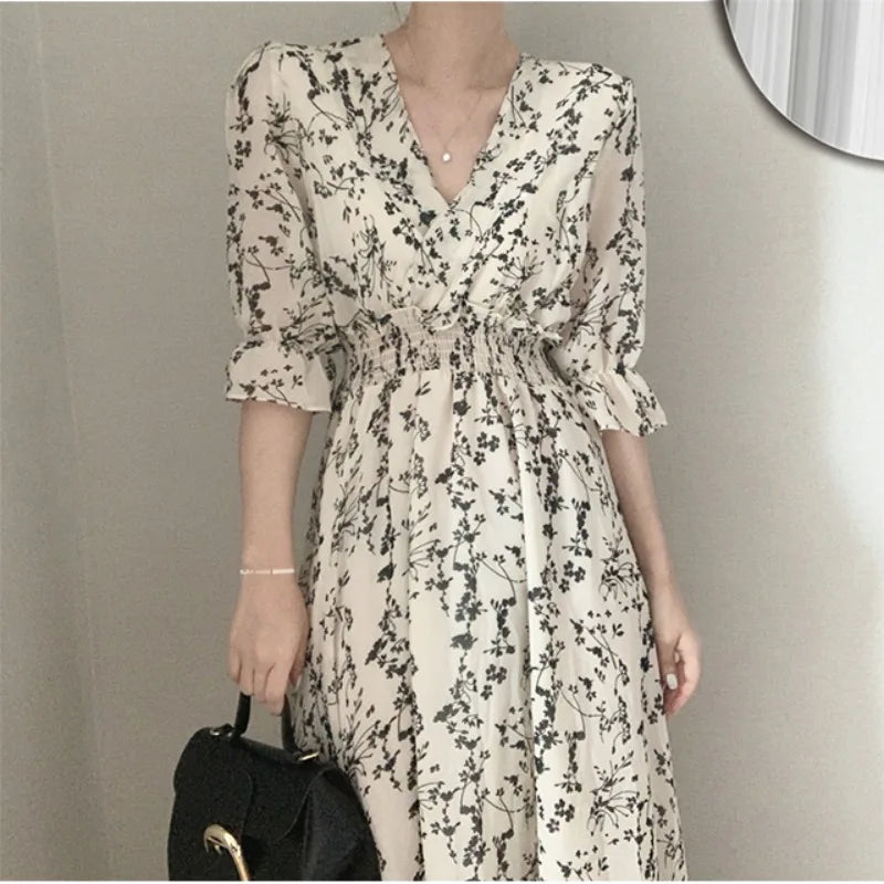 lovwvol Vintage Korea Fashion Clothing Summer Slim Elastic Waist A Line V Neck Elegant Office Lady Floral Chic Chiffon Long Dress Retro