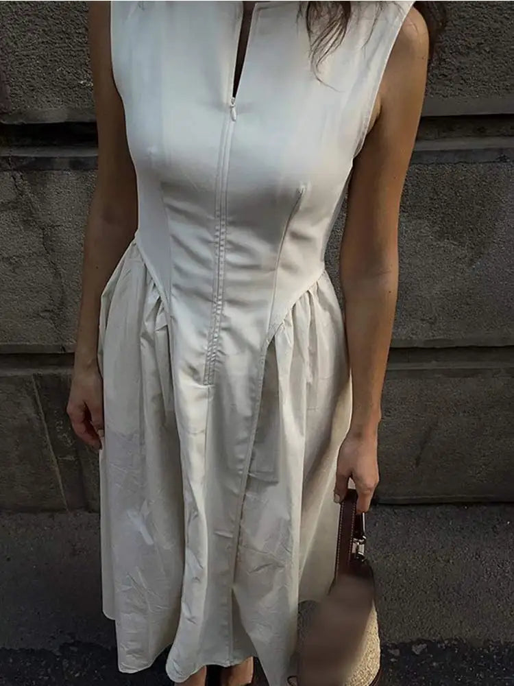 lovwvol Women Elegant Solid Midi A-line Dress Chic Slim O-neck Sleeveless Pleated Hem Dresses 2024 Summer Office Lady Commuting Robes