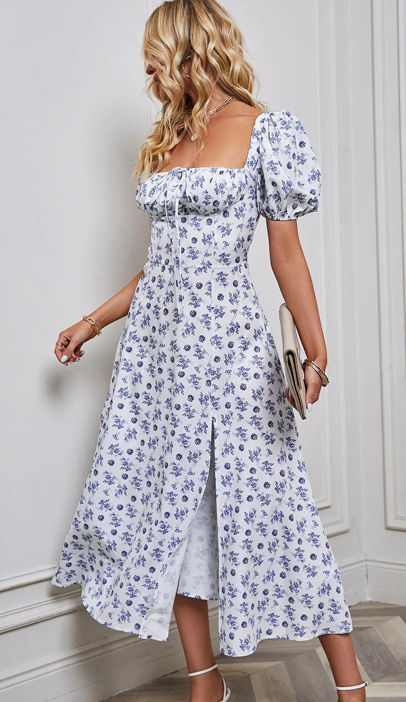 Sweet Off Shoulder Ruffle Women Dress Summer Vintage Floral Printed Dressess French Square Collar Backless Elegant 20472