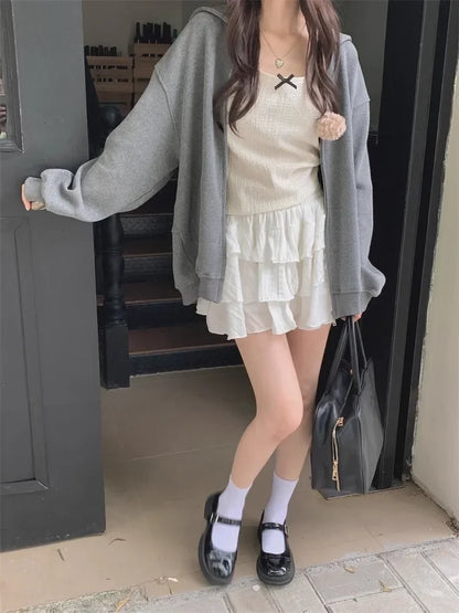 lovwvol Y2K Sailor Collar Hoodie Women Korean Fashion Sweet Zip Up Sweatshirts Oversized Harajuku Girly Fairycore Gray Outerwear