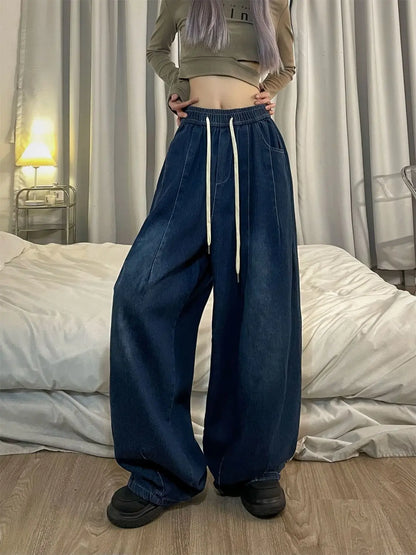 lovwvol Women Vintage Baggy Jeans Y2K Elastic High Waist Oversized Streetwear Trouser Denim Wide Leg Straight Basic Pants Spring