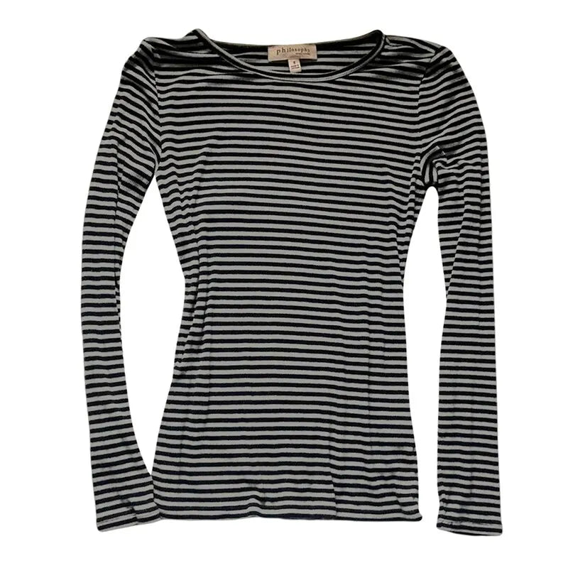 Women T-shirt Long Sleeve Crew Neck Striped Fall Slim Fit Ladies Tops For Casual Daily