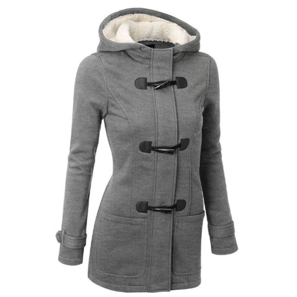 Hooded Cotton Blend Classic Horn Leather Buckle Coat Jacket Cotton Coat Women